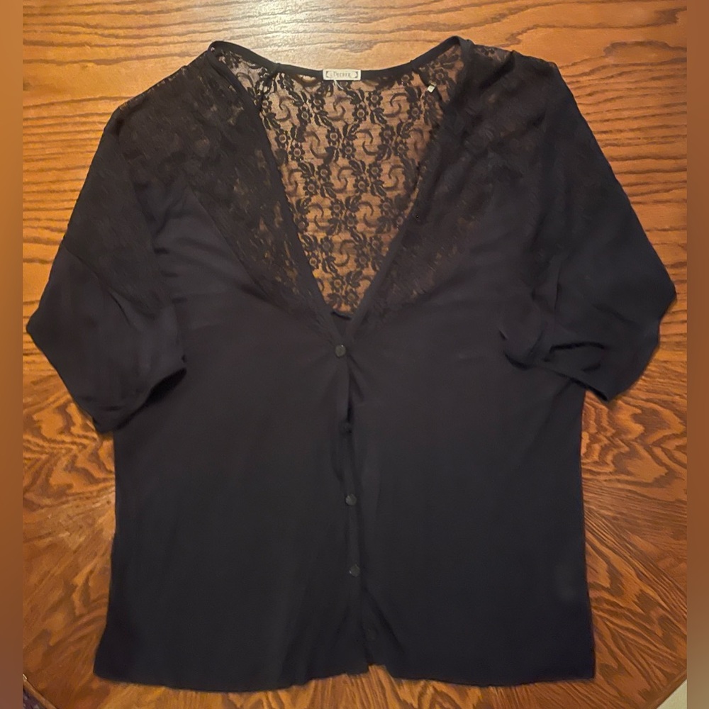 Juniors Decree Black Slub-knit w/ Lace Cardigan oversized fit 3/4 sleeve size XL